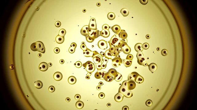 Abstract molecular cell gold background. Rapid proliferation are merging or breaking. Close-up photo or view through microscope. Abstract background for video about medical and scientific. 3D Render.