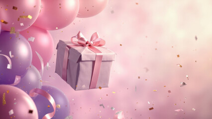Fototapeta premium Pink and purple balloons float around a gift box with confetti, celebrating a special occasion