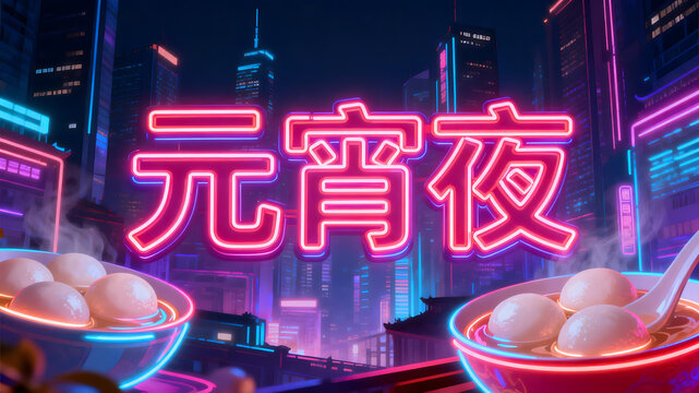 Glowing neon Chinese characters "Yuan Xiao Ye" with steaming tangyuan bowls in cyberpunk cityscape