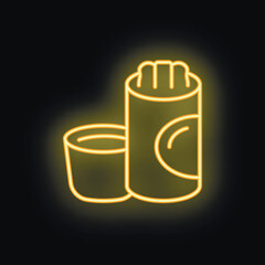 Obraz premium Yellow neon icon of a cosmetic stick with open lid, isolated vector illustration on black background