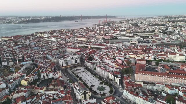 Lisbon Historic Center at Sunrise &ndash; 25 de Abril Bridge Aerial View