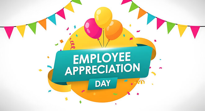 Colorful graphic design celebrating employee appreciation day with balloons and festive bunting flags