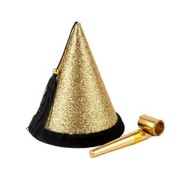 Golden party hat and noisemaker