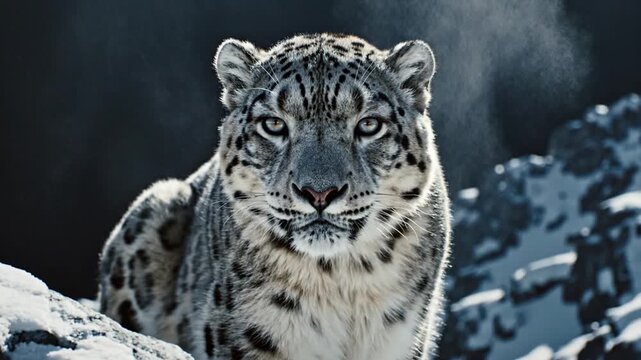 Snow leopard on rocky mountain against snowfall in background