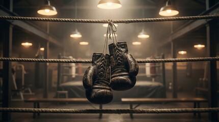 Boxing gloves hanging inside a boxing ring, the scene illuminated by overhead lights