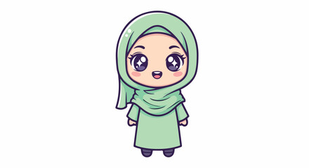 Cartoon illustration of a smiling young girl wearing a green hijab and dress on a white background with a cheerful mood.