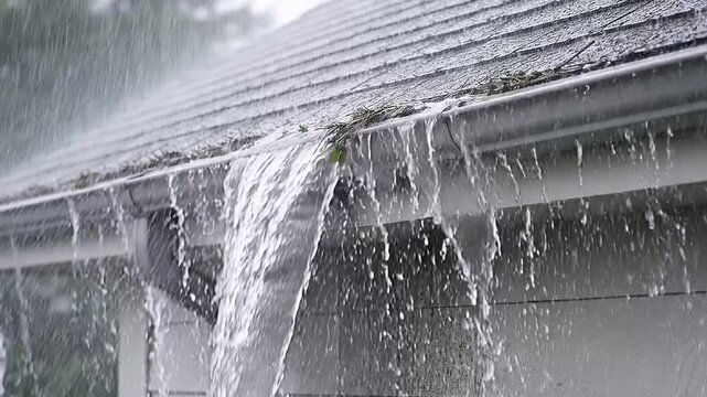 Rainwater flowing from a roof gutter during a heavy storm  