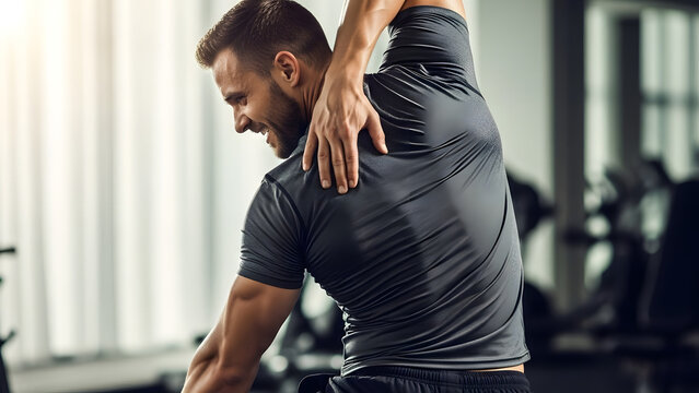 Bearded man stretching his back and shoulder muscles in a bright gym for pain relief concept and injury prevention