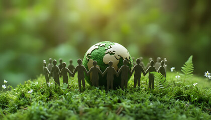 Circle of paper people holding hands around a green mossy earth