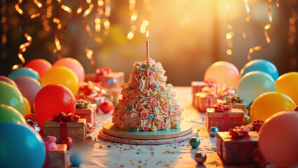 Festive birthday cake with single candle surrounded by colorful balloons and gift boxes