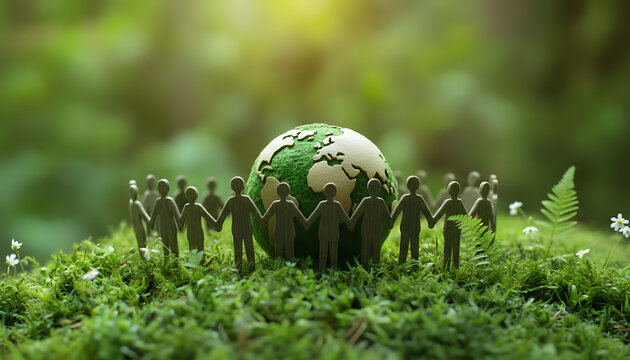 Circle of paper people holding hands around a green mossy earth