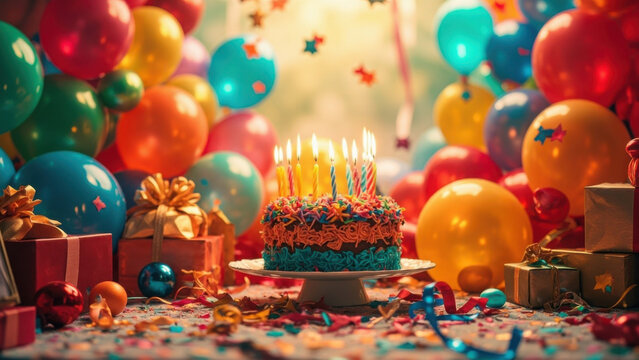 Festive birthday cake with lit candles surrounded by colorful balloons and gifts