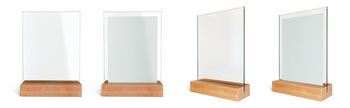 Transparent acrylic sign holder set on wooden base isolated on transparent background. 3D render.