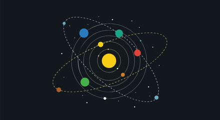 Fototapeta premium A sophisticated abstract illustration portraying an intricate celestial mechanism, showcasing diverse vibrant planets orbiting a central luminous