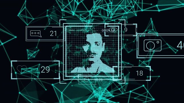 Animation of network of connections and medical data processing on black background
