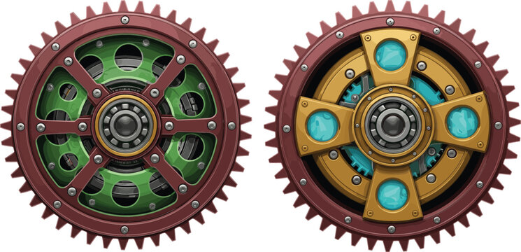 Set of 2 Steampunk Gear Illustrations with Intricate Details for Industrial, Mechanic, and Vintage Design Themes