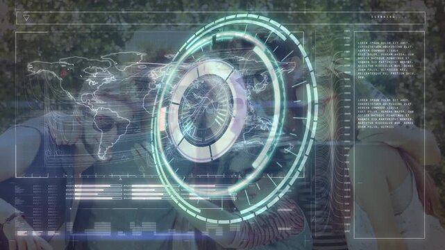 Animation of data processing with globe over diverse group of fiends