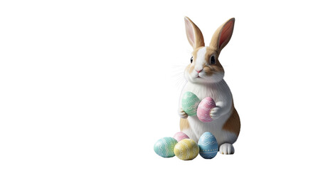 Obraz premium Easter bunny with eggs isolated on transparent background. Cute rabbit character symbolizing spring holiday celebration, festive seasonal greeting, Christian tradition and cheerful Easter design.