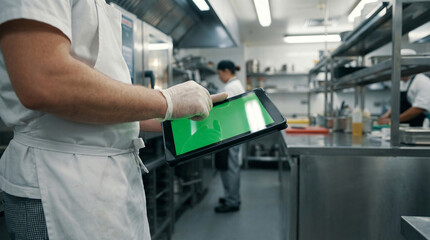 Fototapeta premium Professional chef holding digital tablet with green screen in commercial kitchen