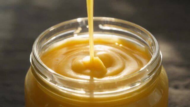 Golden Ghee Pouring into Glass Jar Backlit by Natural Sunlight