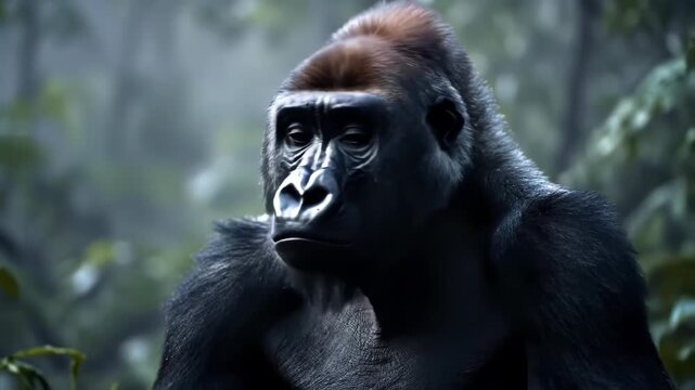Gorilla Observing in Forest Habitat with Majestic Expression