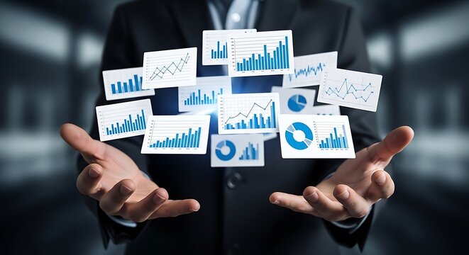 Businessman presenting floating blue graphs and charts suit hands