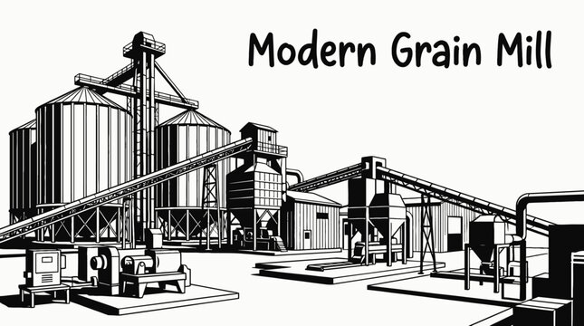 modern grain mill in an agricultural facility representing industrial food production processing and advanced farming technology