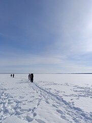 frozen snow-covered large winter lake
