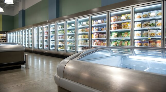 Long aisle of a modern grocery store with numerous brightly lit refrigerated display cases stocked with a variety of frozen food items.