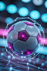 Naklejka premium Futuristic soccer ball surrounded by glowing digital nodes and light patterns