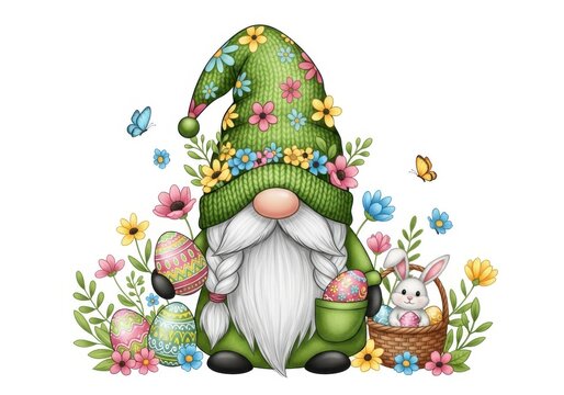 Colorful easter gnome with floral hat and bunny surrounded by flowers isolated on white background