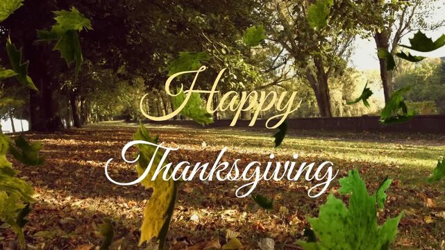 Animation of falling green leaves and happy thanksgiving text over trees in park