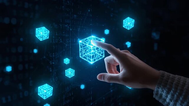 Hand touching a glowing blue cube representing blockchain technology with binary code data network