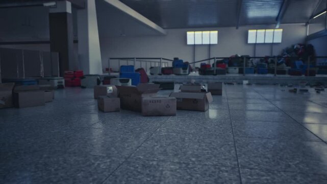 The interior of an abandoned airport terminal reveals scattered luggage and empty seats, showcasing an eerie stillness and neglect in the space that once bustled with travelers.