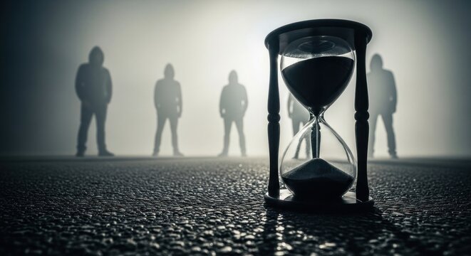 A silhouette of a person standing in front of an hourglass with a dark background.