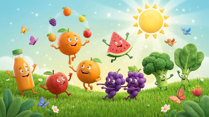 Happy cartoon fruits and vegetables dancing joyfully under the sun
