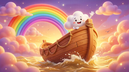 Cute cloud character sailing a wooden boat under a vibrant rainbow