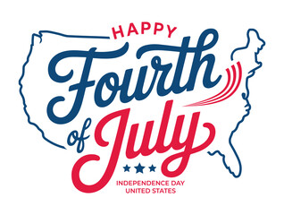 Happy Fourth of July Typography Greeting card, background with USA Map Outline in Red and Blue