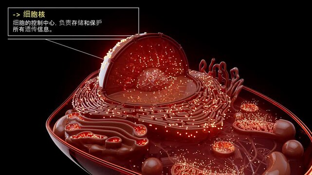 Conceptual 3D Animation of a Eukaryotic Cell with Labeled Organelles in chinese