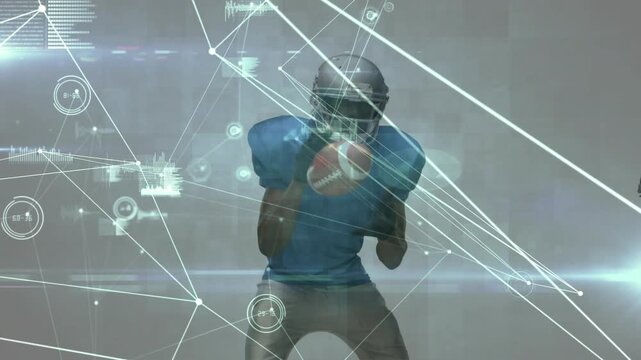 Spinning football sparking sports nodes tracking blue player securing ball and red player tackling