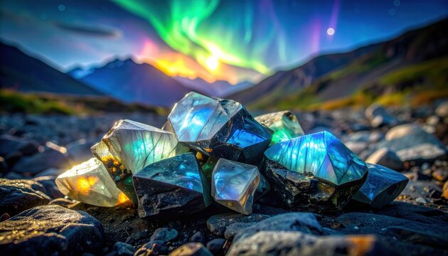 FlyPro Firefly Cluster of Rough Unpolished Labradorite Fragments with Muted Iridescent Flashes Scattered on Dark Rocky Terrain