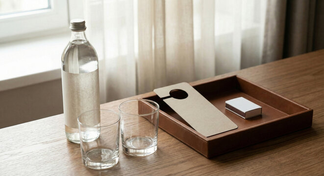 Luxury Hotel Room Amenities Mockup with Glass Water Bottle, Glasses and Door Hanger