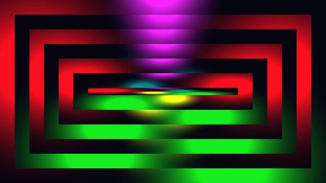 A vibrant abstract background video features concentric rectangles in red, green, and purple hues with a dynamic beam of light.