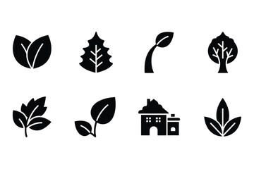 Nature and Eco-Friendly Icons Set: Leaves, Tree, Sprouts, and House
