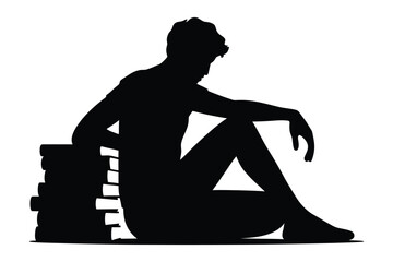 Student Silhouette Sitting on Stack of Books, Studying