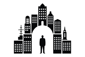 Man Stands Among City Buildings Skyline Silhouette