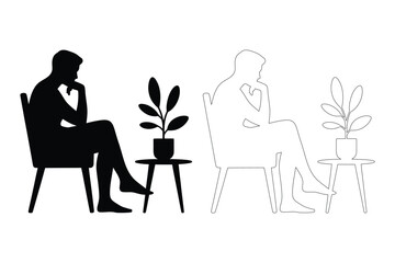 Thoughtful Man Silhouette Sitting in Chair with Plant