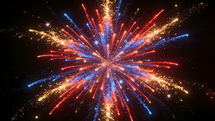 Vibrant red, blue, and gold fireworks exploding against black night sky