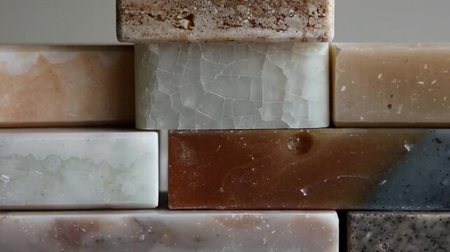 Stacked natural stone or handcrafted soap bars, diverse textures and colors