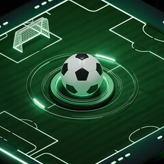 Futuristic soccer ball glowing on a high-tech digital soccer field design